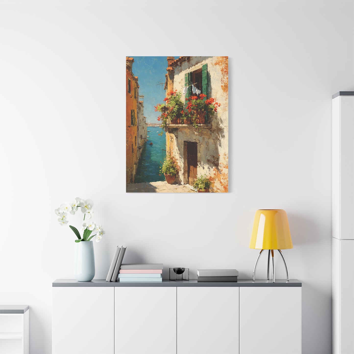 Italian Coastal Balcony Painting Wall Art & Canvas Print
