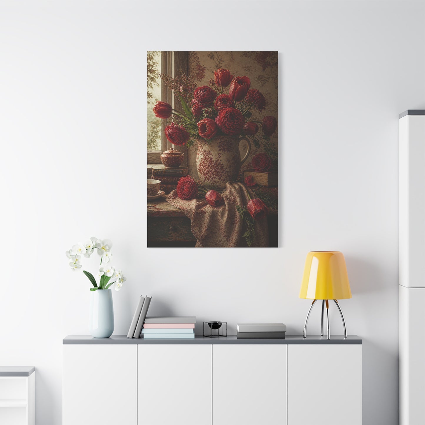 English Cottage Red Floral Still Life Wall Art & Canvas Print