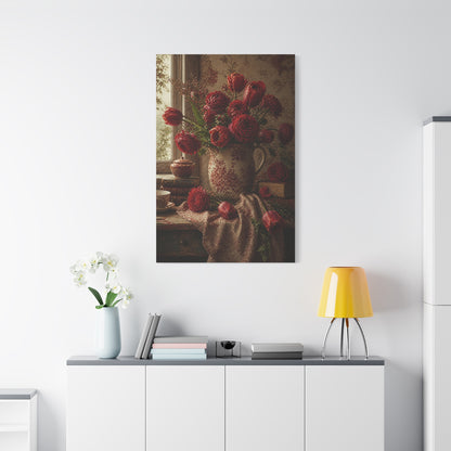 English Cottage Red Floral Still Life Wall Art & Canvas Print