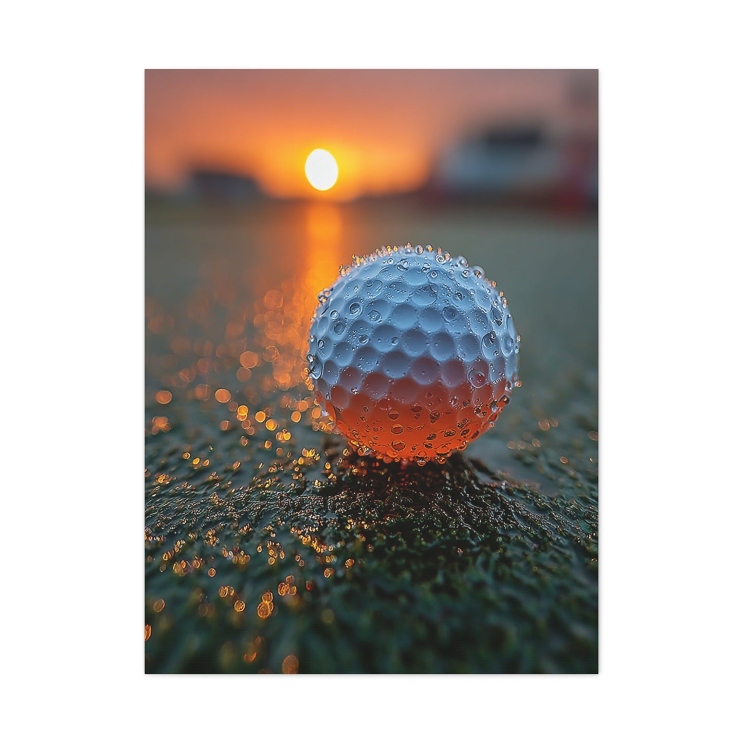 Dew-Covered Golf Ball Sunrise Macro Wall Art & Canvas Print