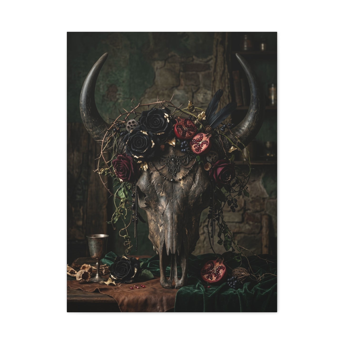 Western Gothic Bull Skull Floral Still Life Wall Art & Canvas Print