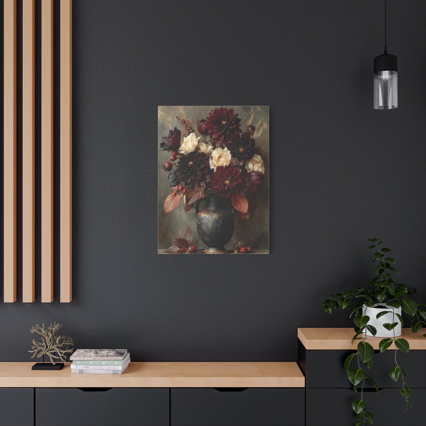 Burgundy Dahlia Autumn Floral Still Life Wall Art & Canvas Print