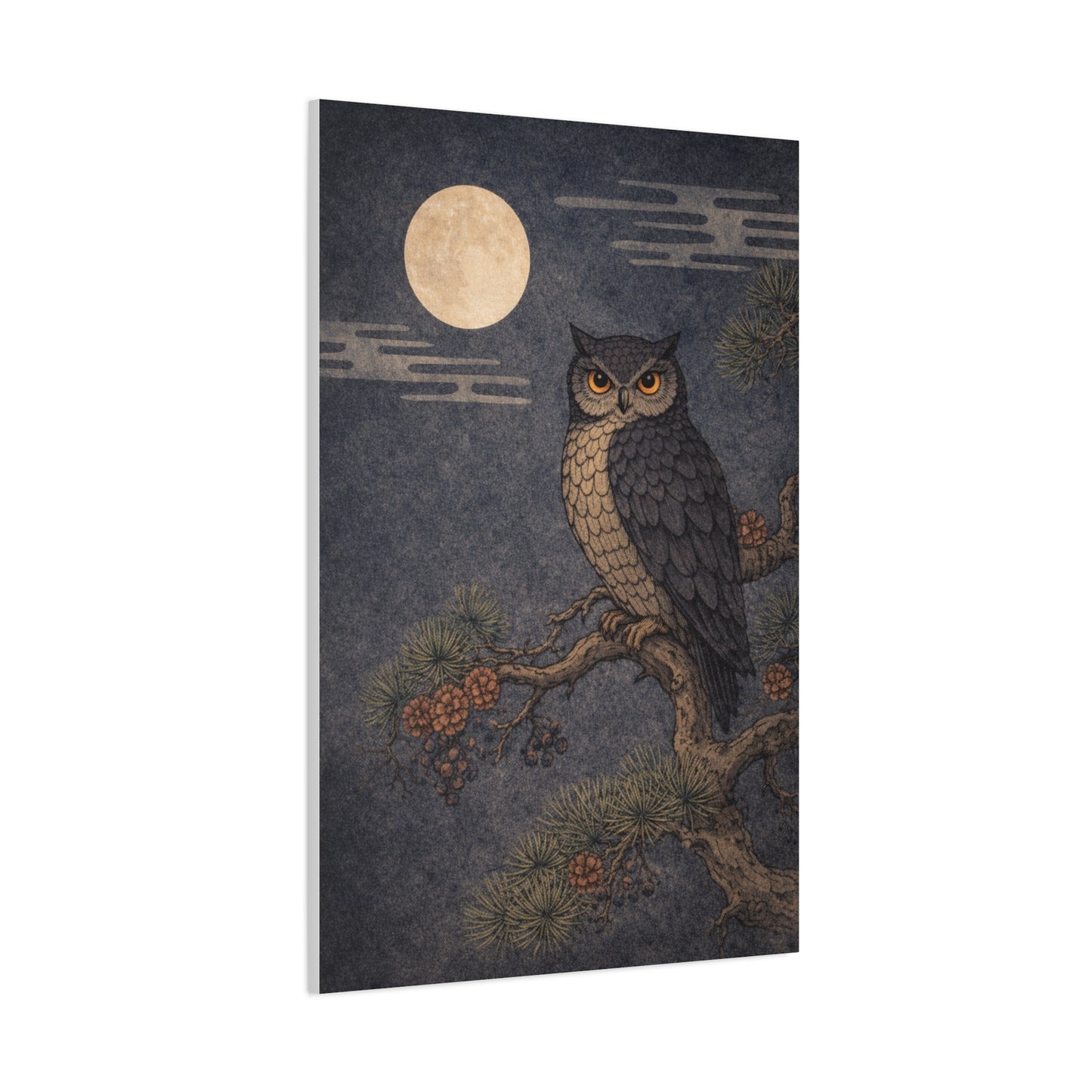 Nocturnal Pine Branch Owl Illustration Wall Art & Canvas Print