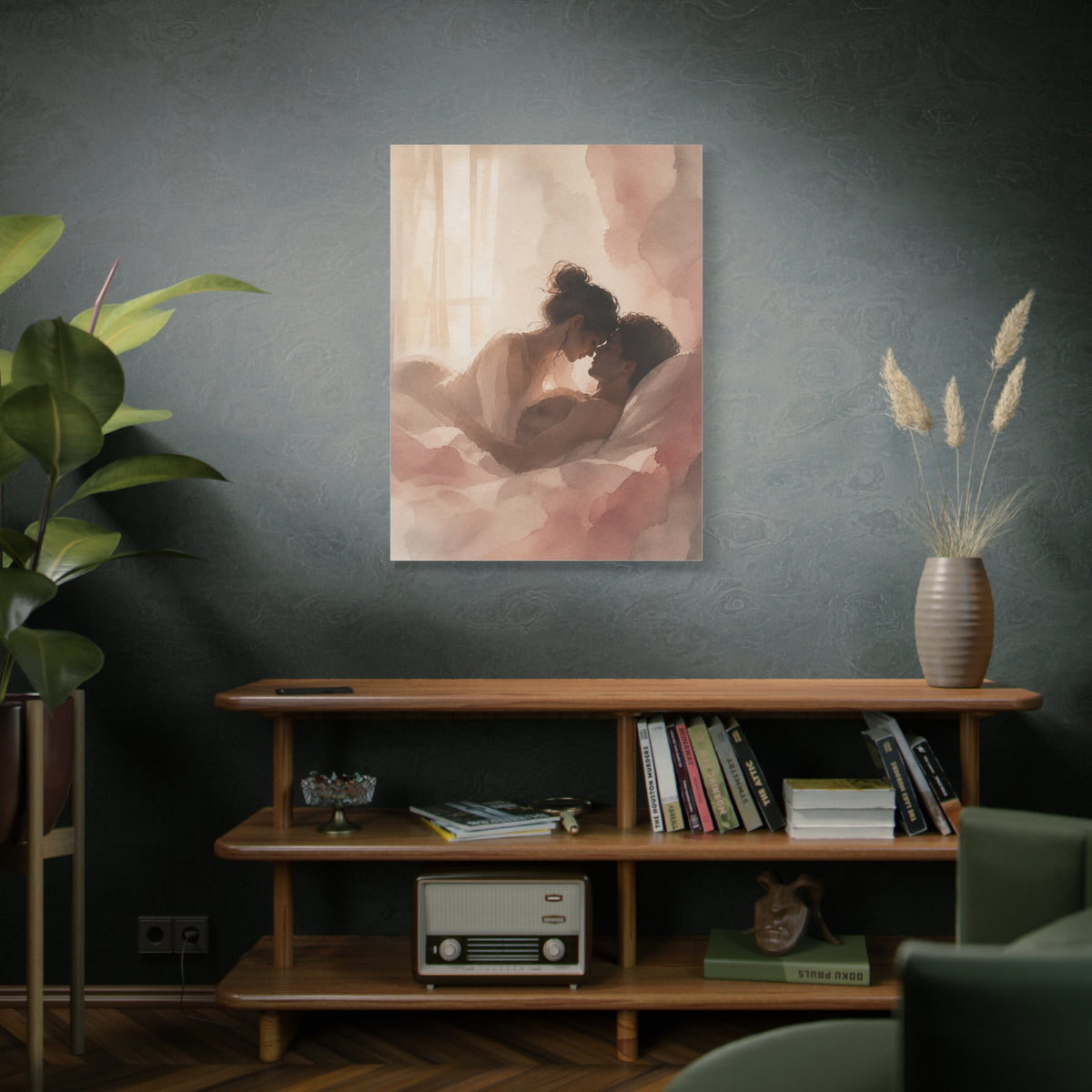 Soft Watercolor Lovers Sunrise Embrace Wall Art & Canvas Print