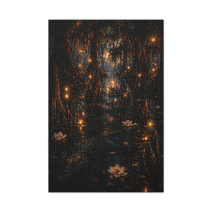 Moonlit Bayou Firefly Scene Wall Art & Canvas Print