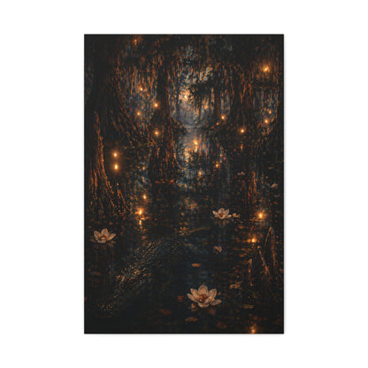 Moonlit Bayou Firefly Scene Wall Art & Canvas Print