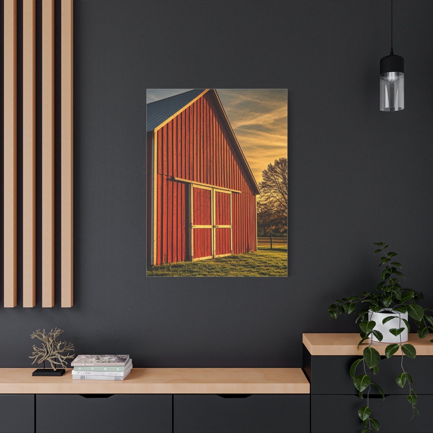 Red Barn in Golden Countryside Wall Art & Canvas Prints