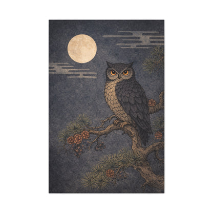 Nocturnal Pine Branch Owl Illustration Wall Art & Canvas Print