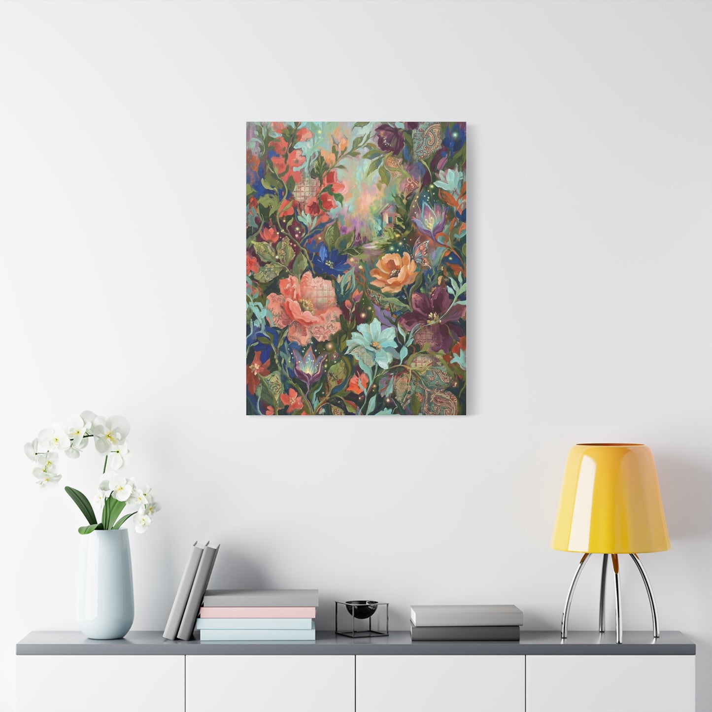 Enchanted Floral Garden & Fireflies Wall Art & Canvas Print