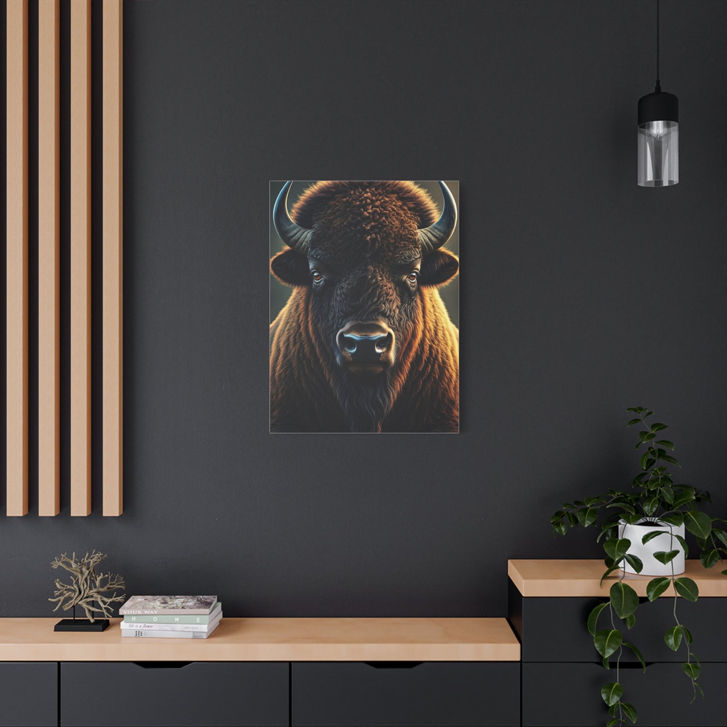 Cinematic Frontal Bison Portrait with Golden Backlight Wall Art & Canvas Print