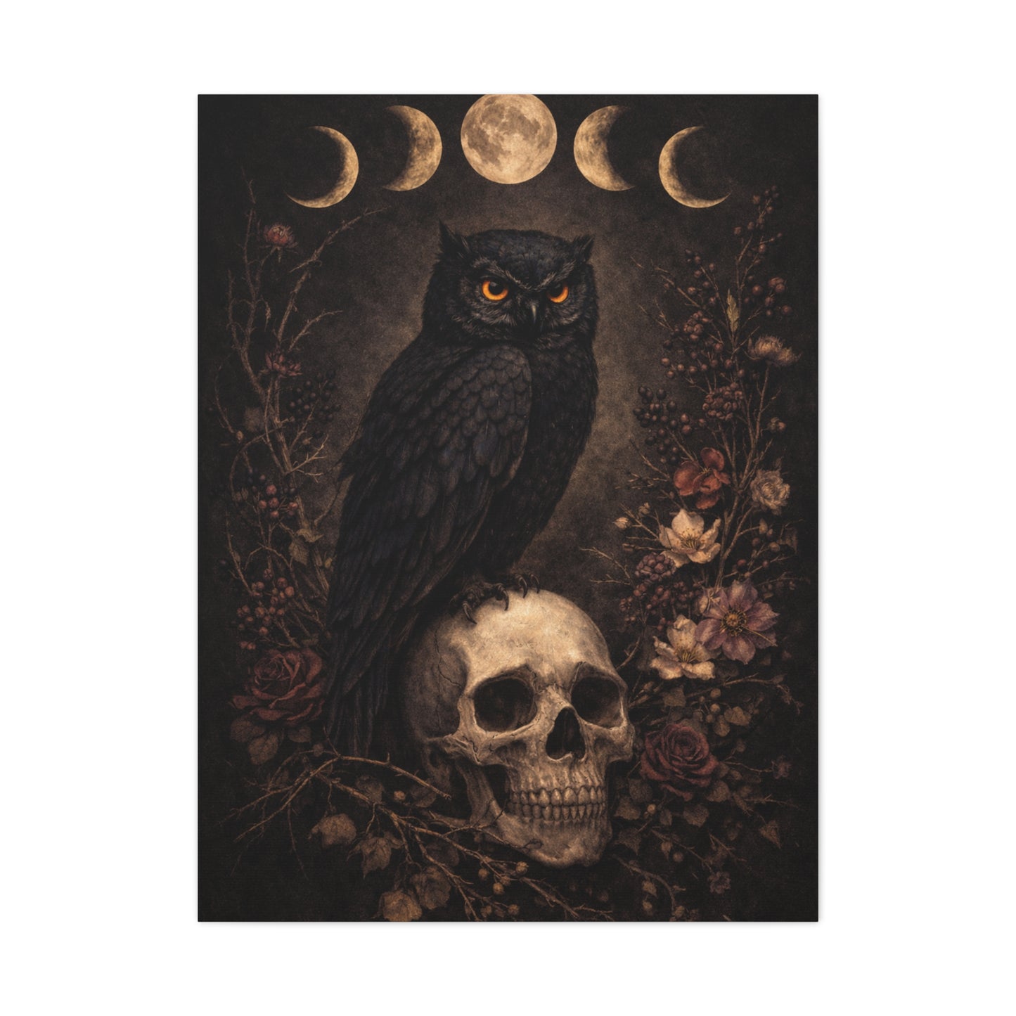Gothic Moon Phase Owl Skull Wall Art & Canvas Print