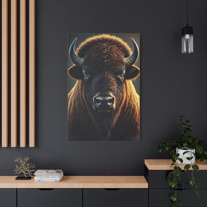 Cinematic Frontal Bison Portrait with Golden Backlight Wall Art & Canvas Print