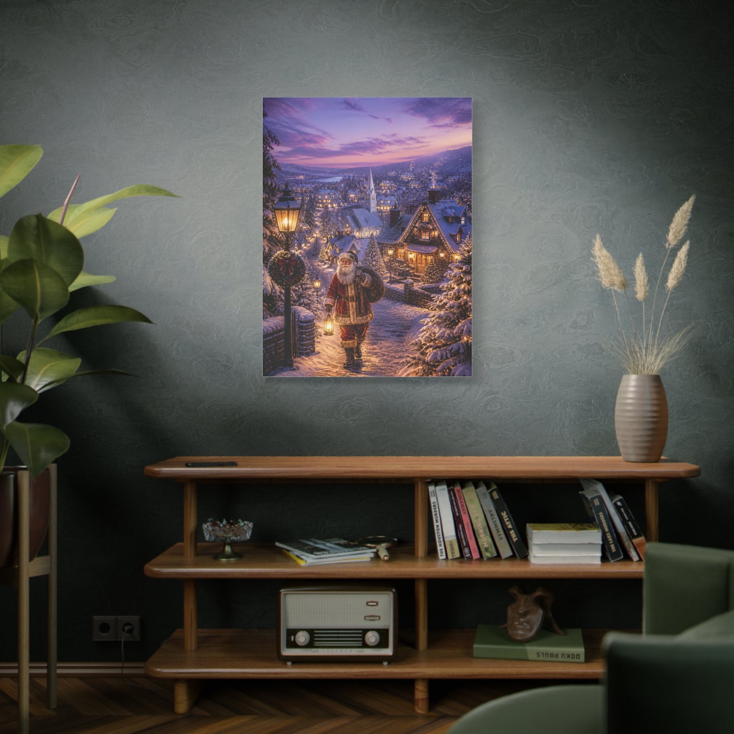 Snowy Village Santa Lantern Walk Wall Art & Canvas Print