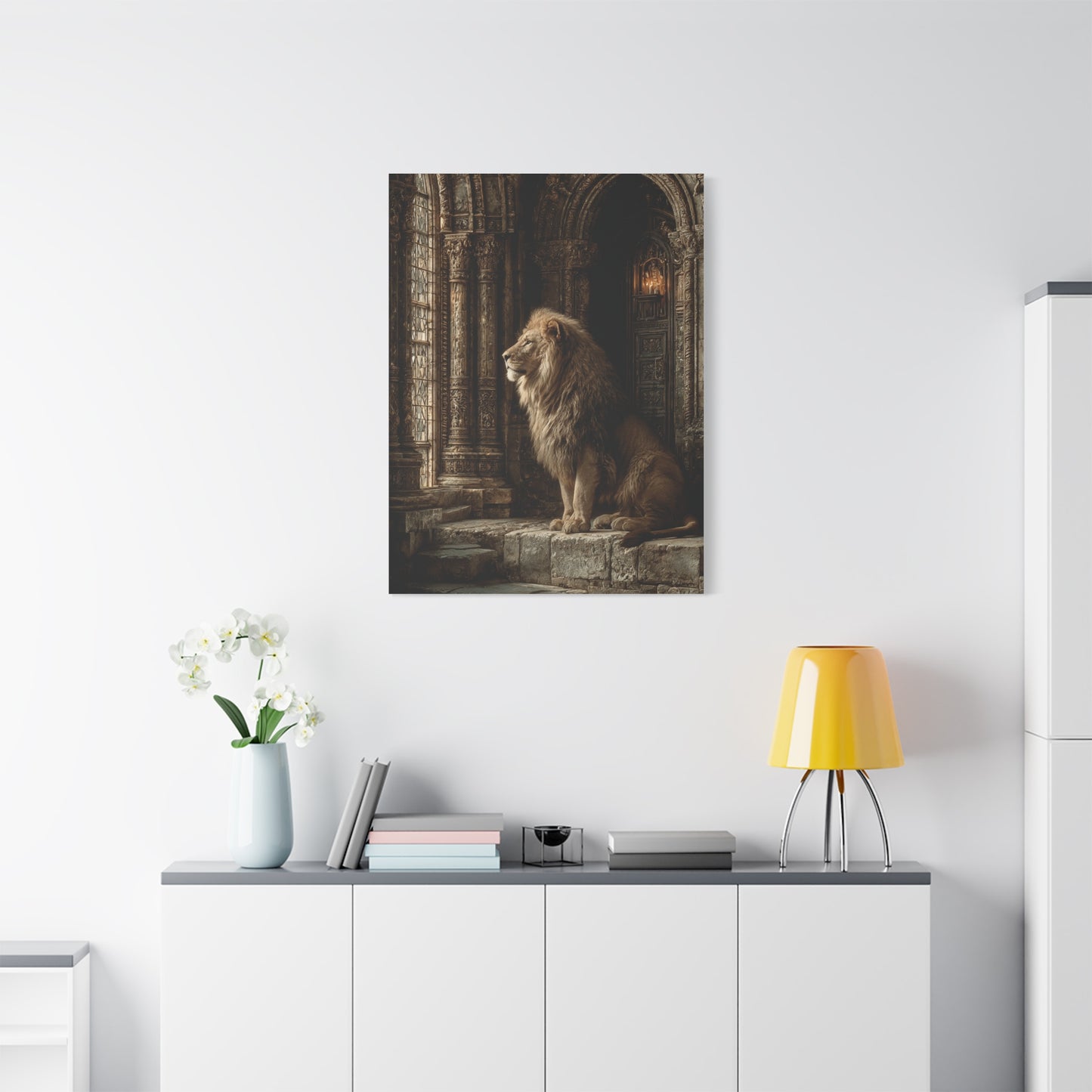 Lion in Ancient Stone Hall Royal Guardian Wall Art & Canvas Print