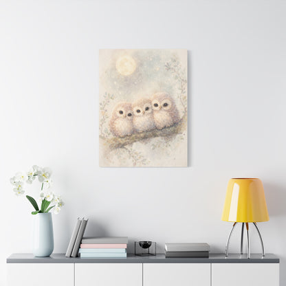 Moonlit Owlet Trio Watercolor Wall Art & Canvas Print