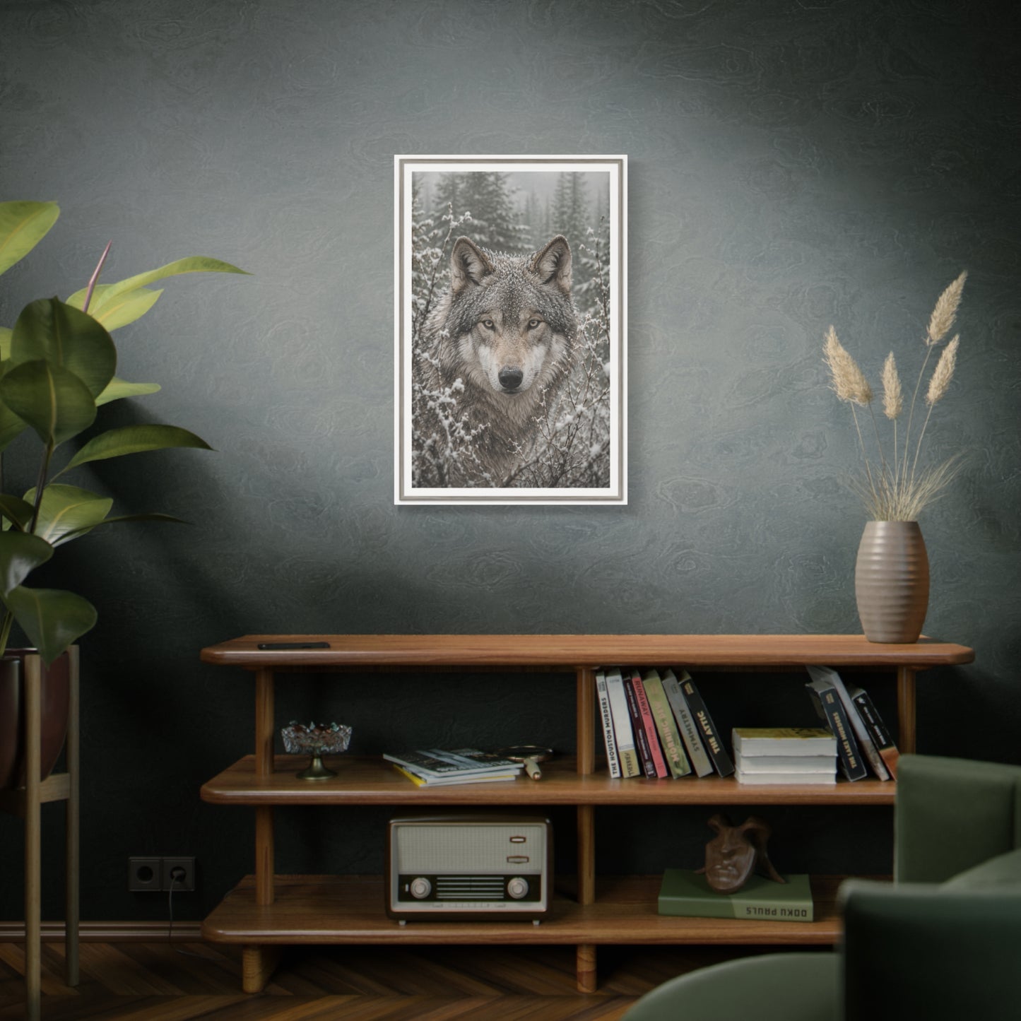 Snow Forest Gray Wolf Framed Portrait Wall Art & Canvas Print