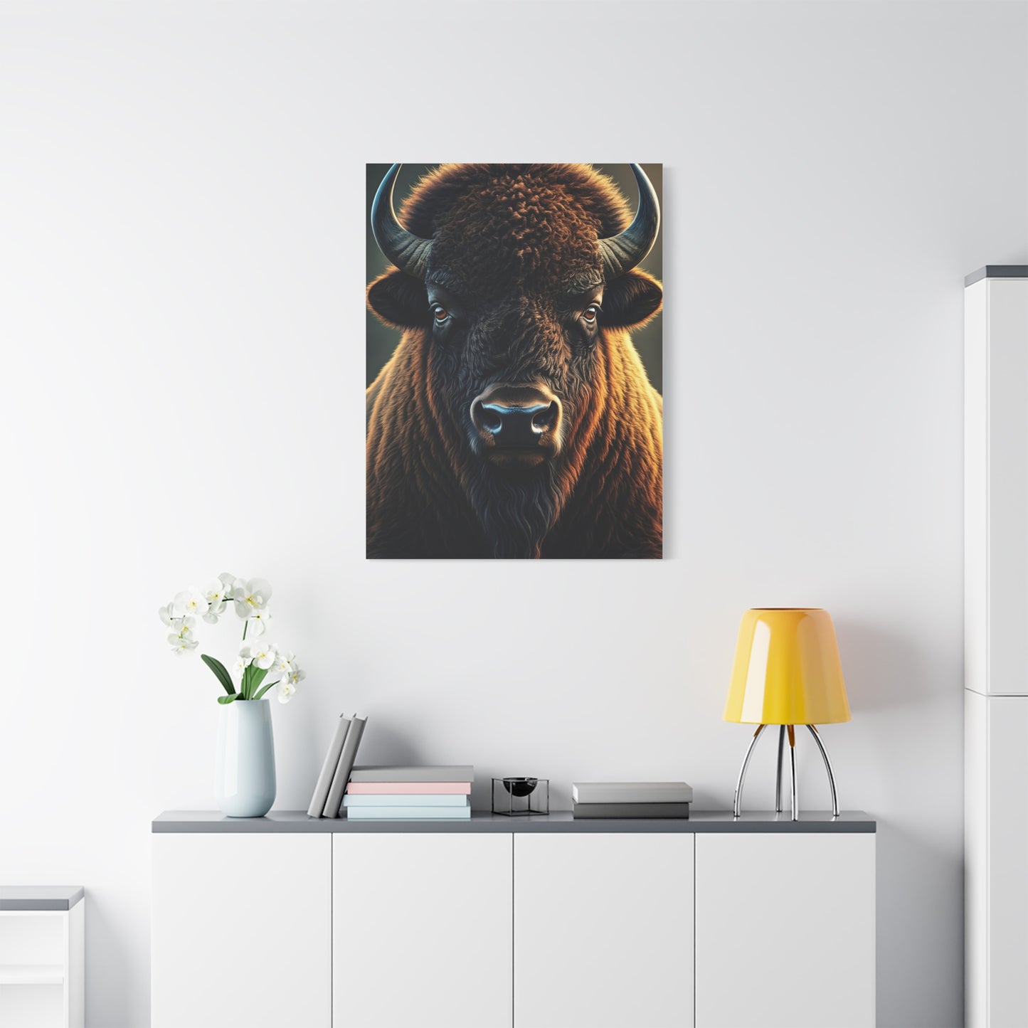 Cinematic Frontal Bison Portrait with Golden Backlight Wall Art & Canvas Print