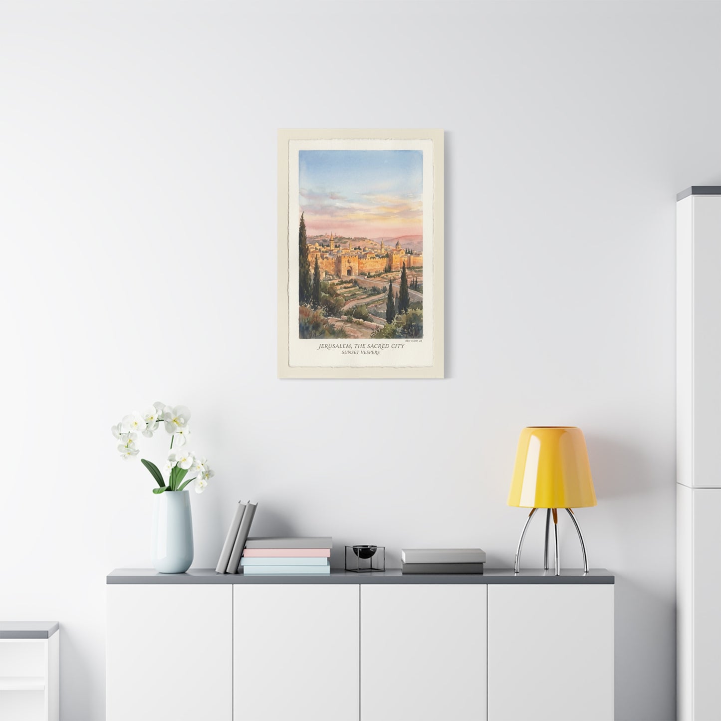 Jerusalem Sunset Watercolor Landscape Wall Art & Canvas Print