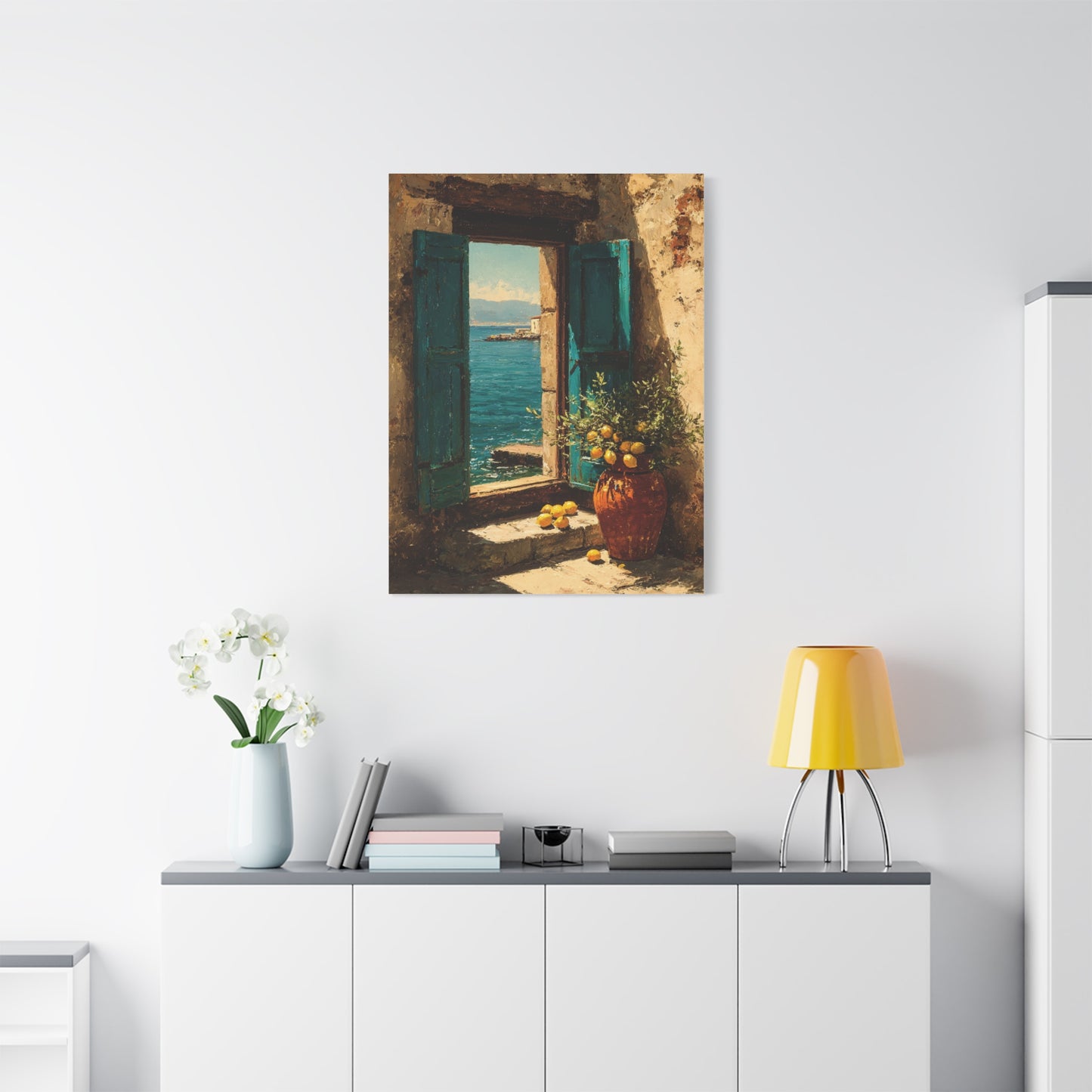 Italian Coastal Window Painting Wall Art & Canvas Print