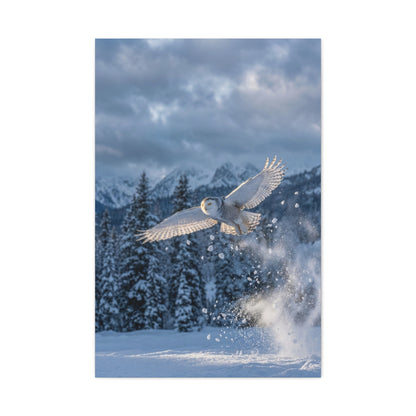 Snowy Owl Mountain Flight Wall Art & Canvas Print
