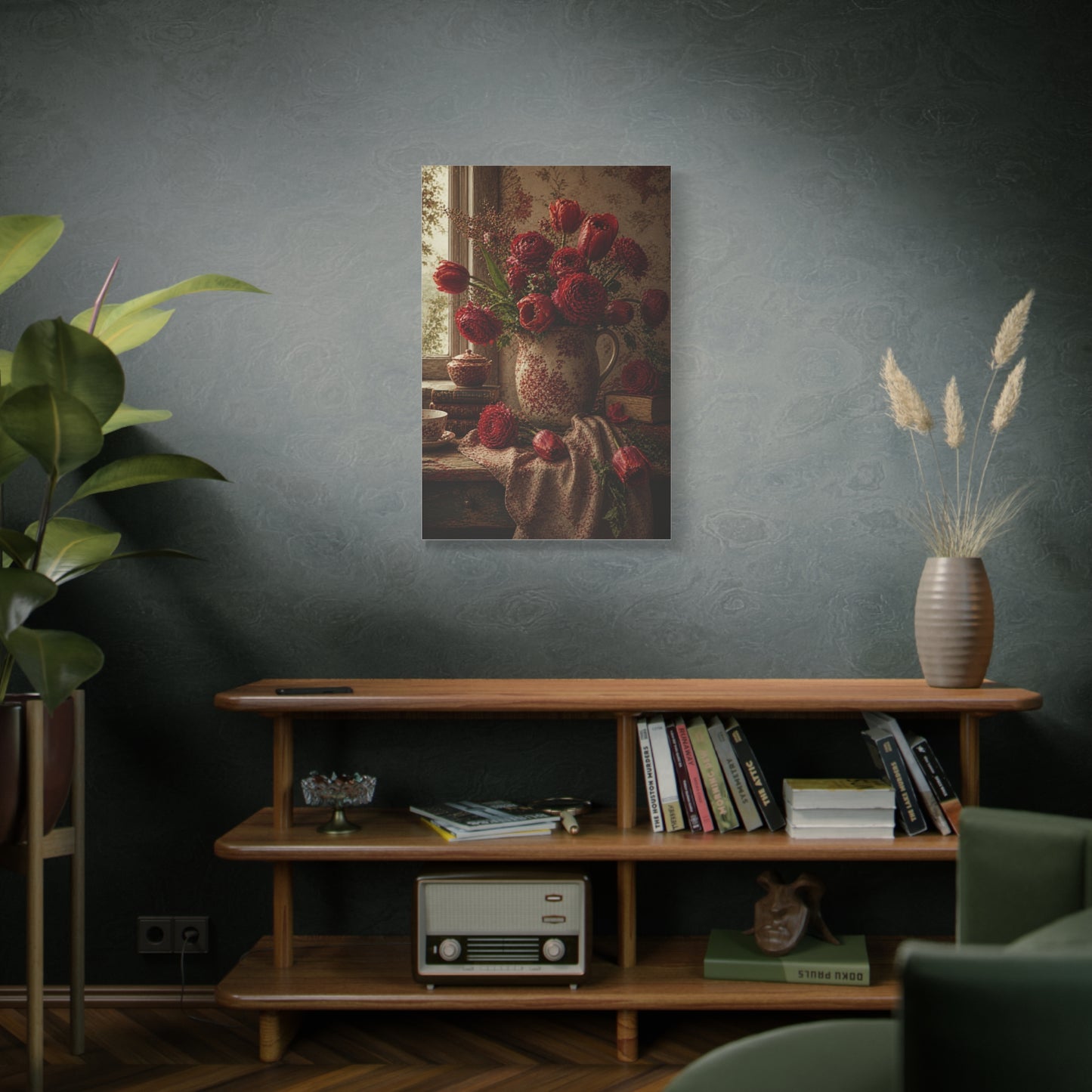 English Cottage Red Floral Still Life Wall Art & Canvas Print