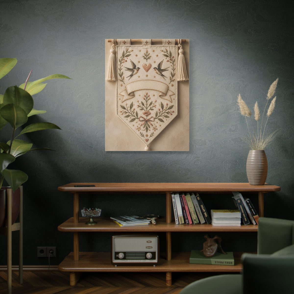 Hand-Embroidered Romantic Birds Textile Wall Art & Canvas Print