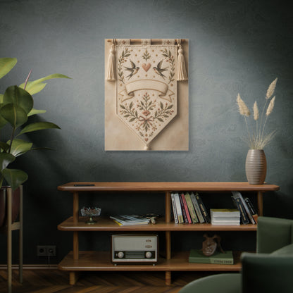 Hand-Embroidered Romantic Birds Textile Wall Art & Canvas Print