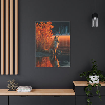Autumn Lakeside Fox Reflection Wall Art & Canvas Print