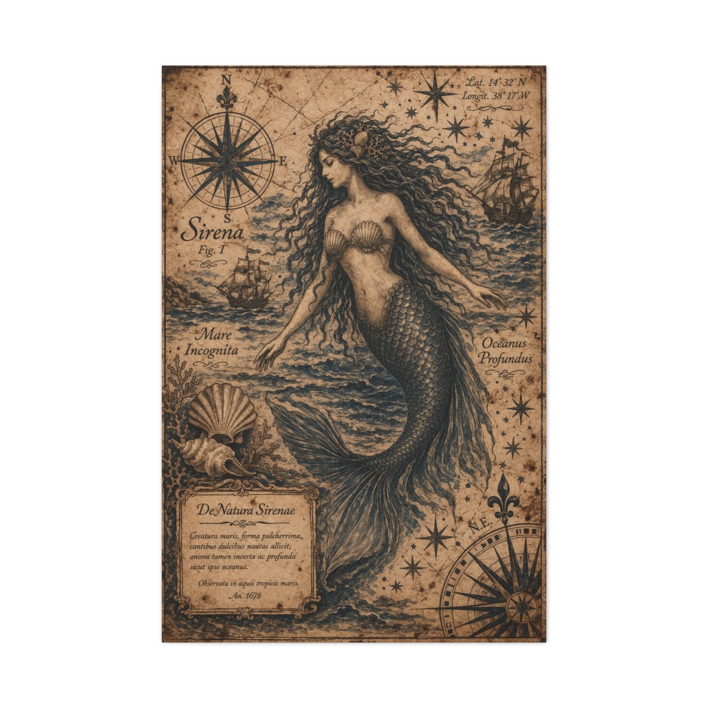 Antique Nautical Sirena Illustration Wall Art & Canvas Print