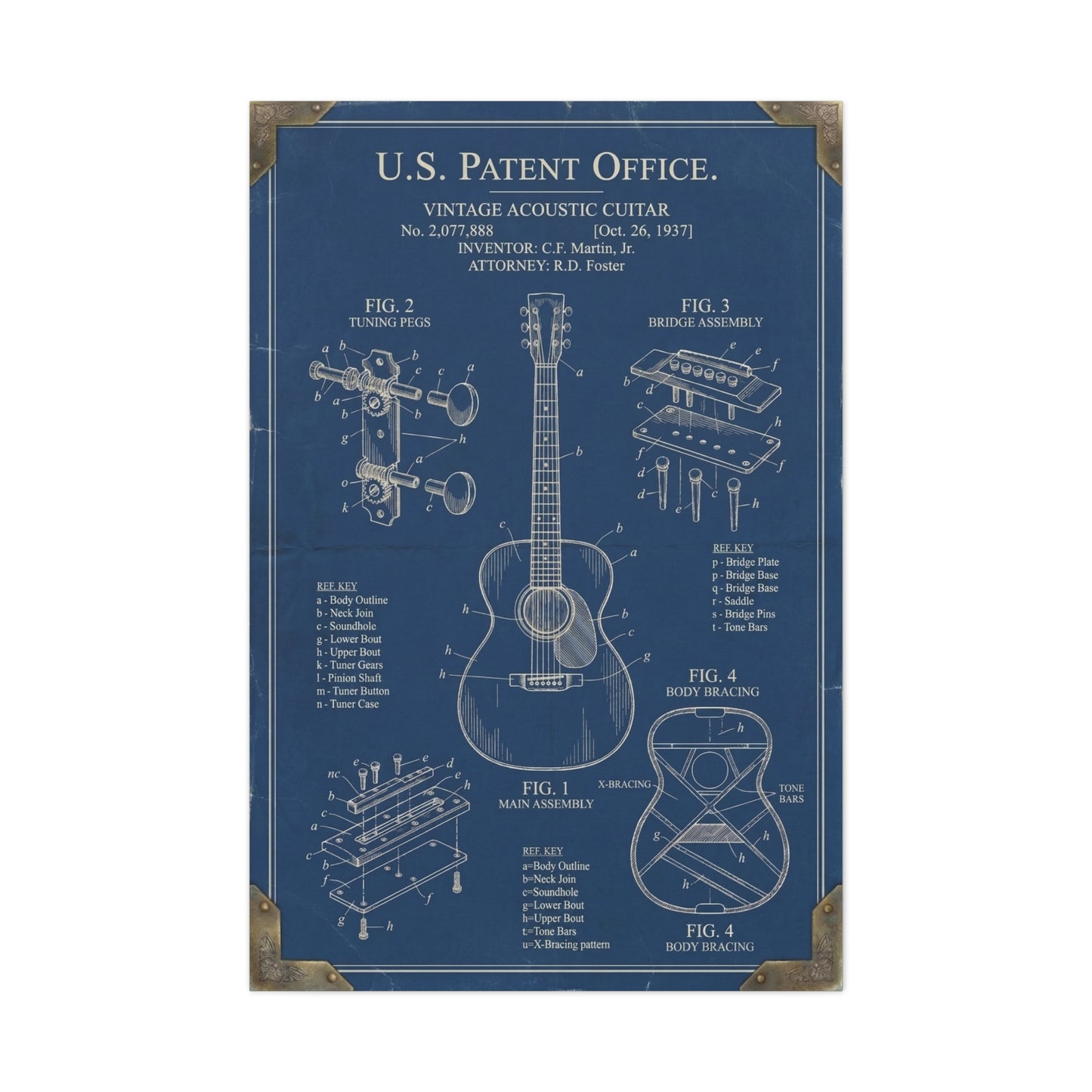 Vintage Acoustic Guitar Patent Blueprint Wall Art & Canvas Print