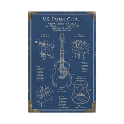 Vintage Acoustic Guitar Patent Blueprint Wall Art & Canvas Print