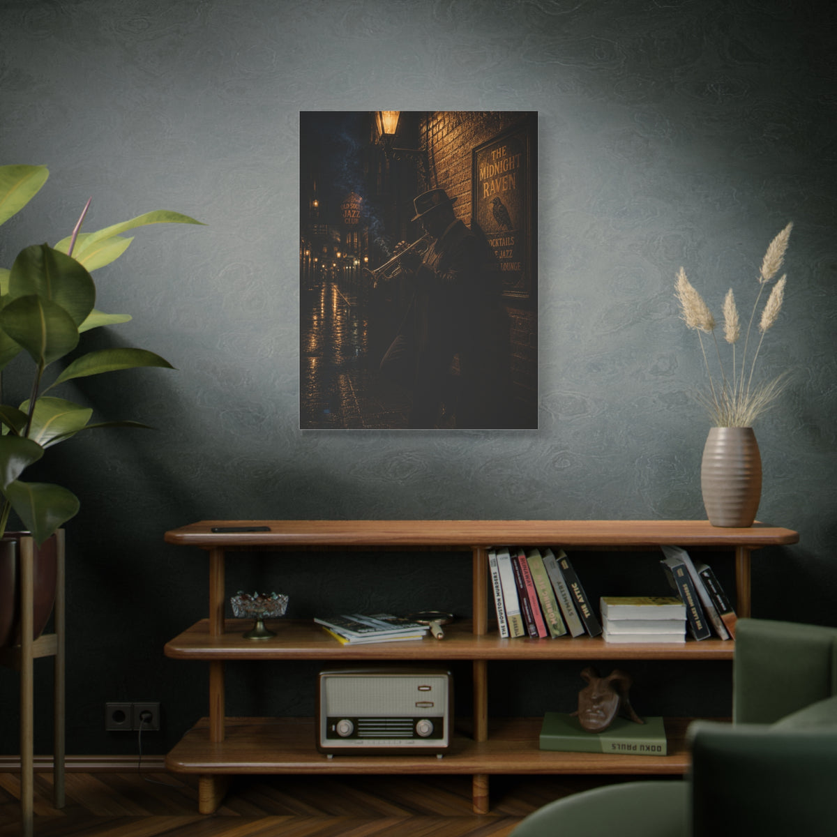 Midnight Jazz Alley Trumpeter Wall Art & Canvas Print