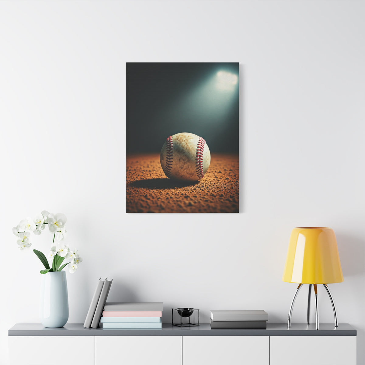 Baseball on Dirt Field Under Stadium Light Wall Art & Canvas Prints