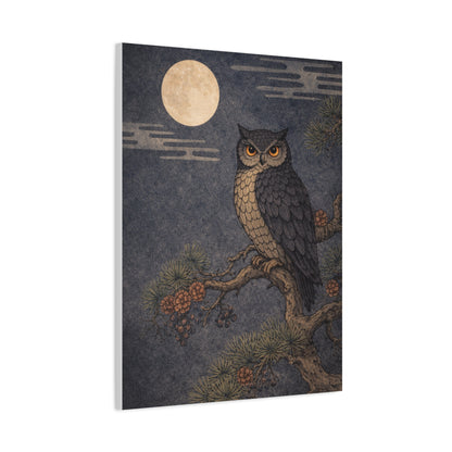 Nocturnal Pine Branch Owl Illustration Wall Art & Canvas Print