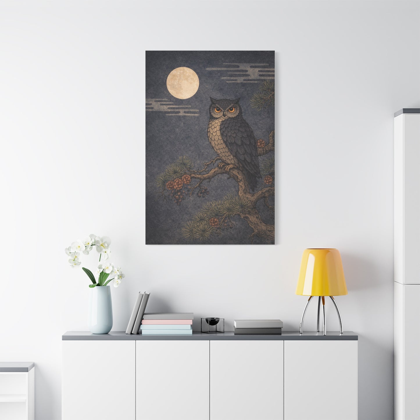 Nocturnal Pine Branch Owl Illustration Wall Art & Canvas Print