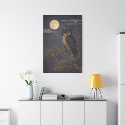 Nocturnal Pine Branch Owl Illustration Wall Art & Canvas Print
