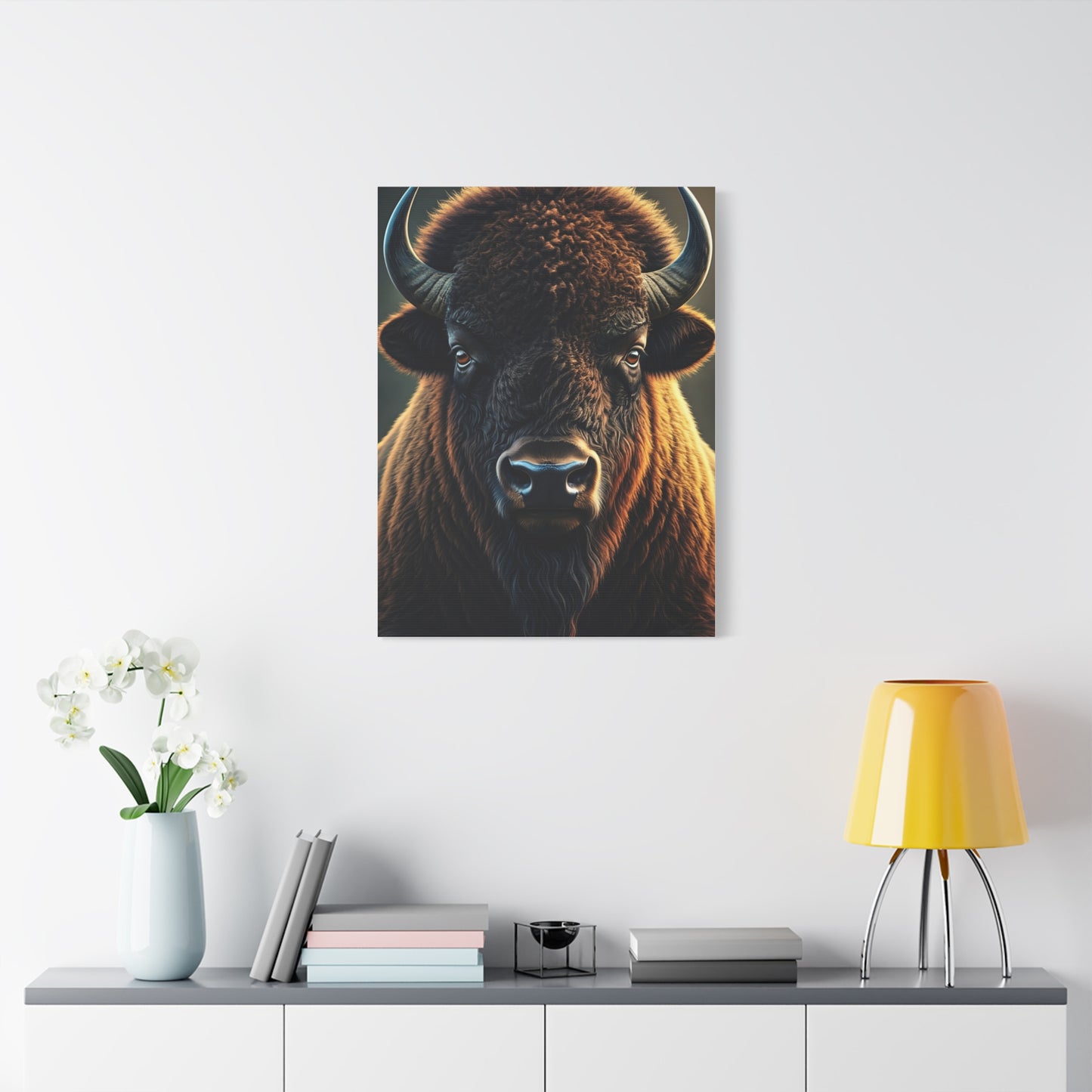 Cinematic Frontal Bison Portrait with Golden Backlight Wall Art & Canvas Print