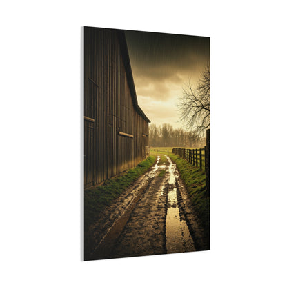 Rain-Soaked Farm Road Beside the Barn Wall Art & Canvas Prints
