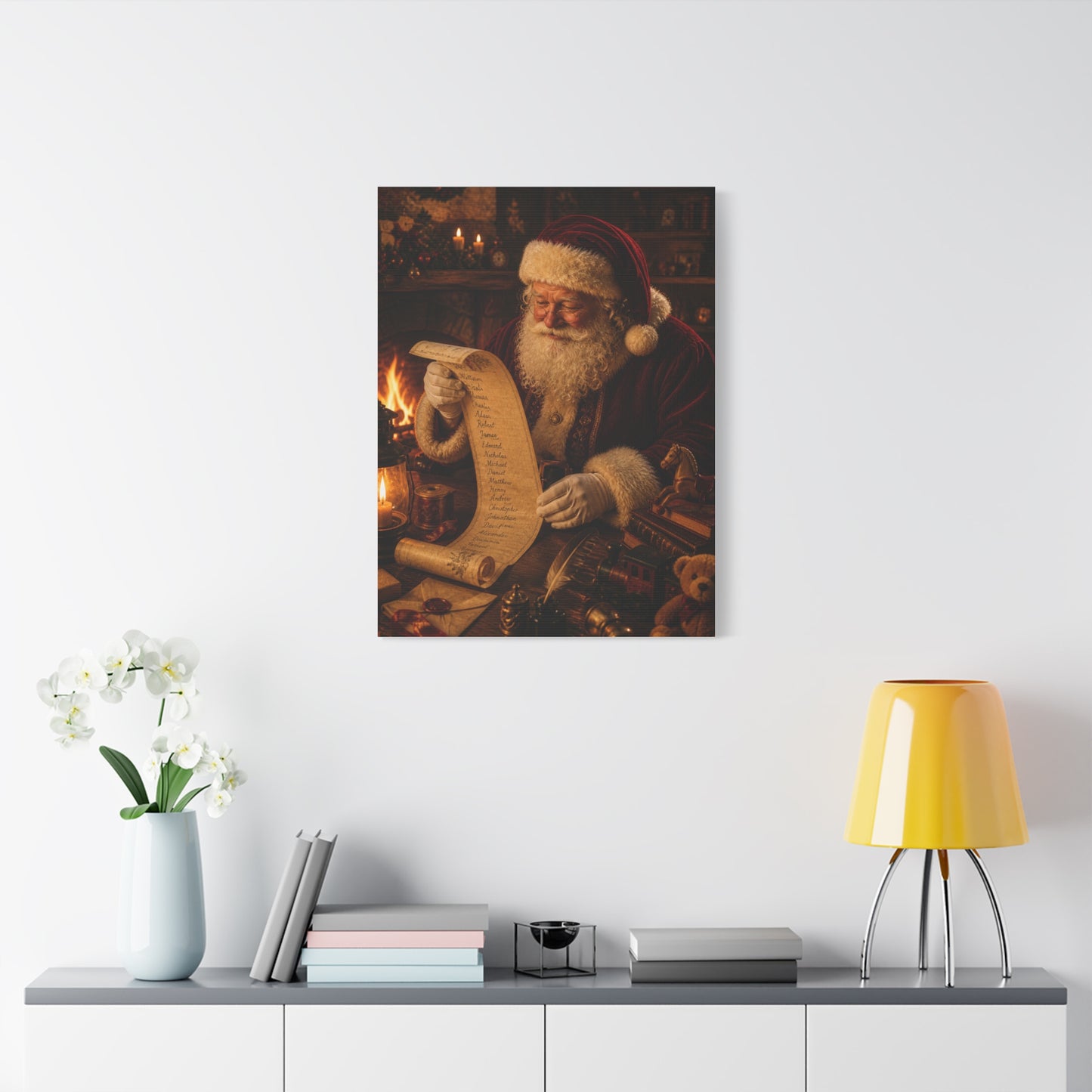Santa Checking the Christmas List Wall Art & Canvas Print