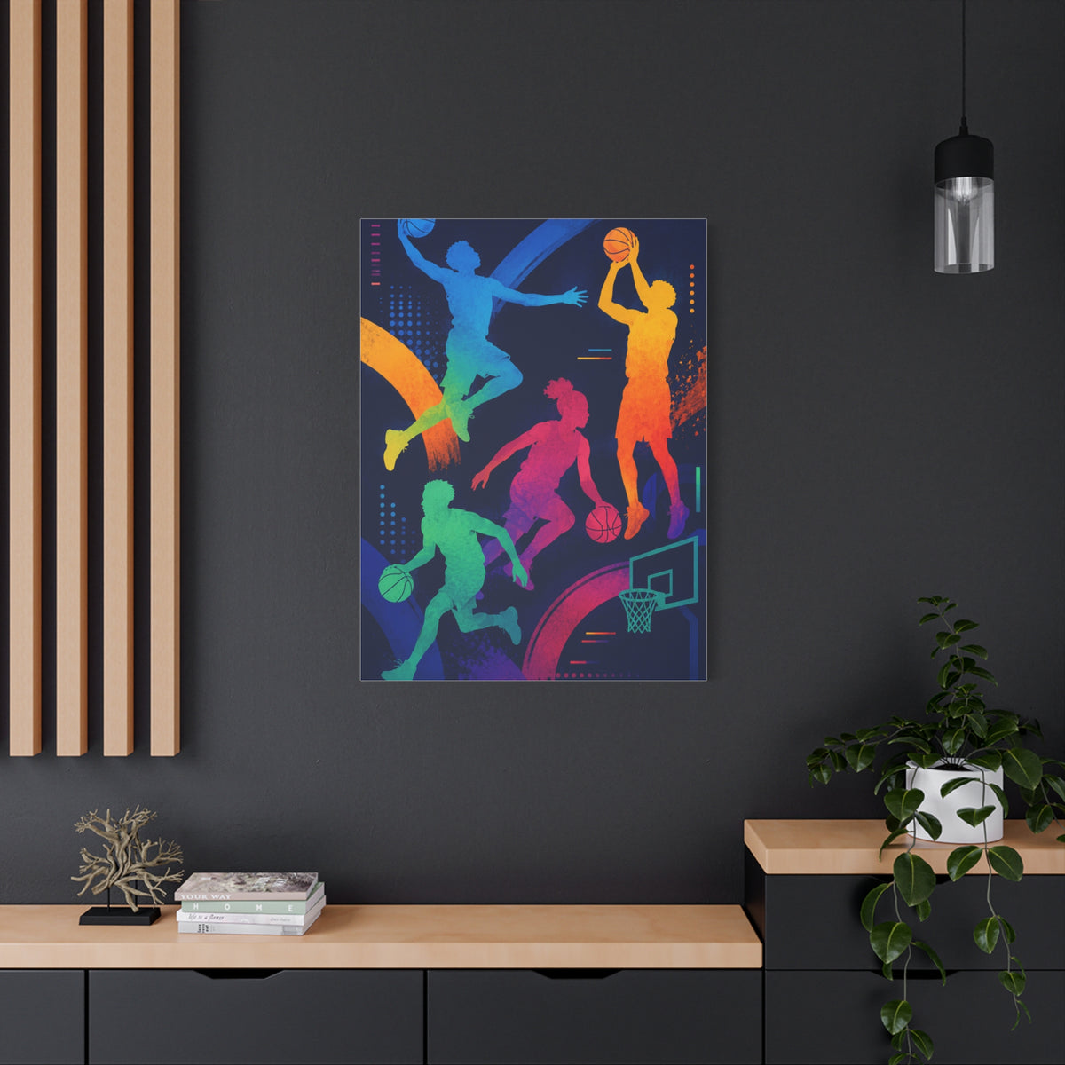 Rainbow Basketball Silhouette Sports Wall Art & Canvas Print