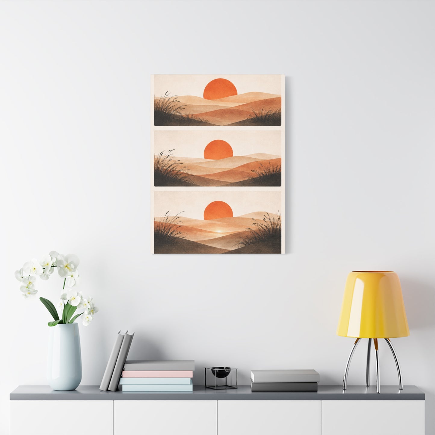 Japandi Orange Sun Triptych Landscape Wall Art & Canvas Print