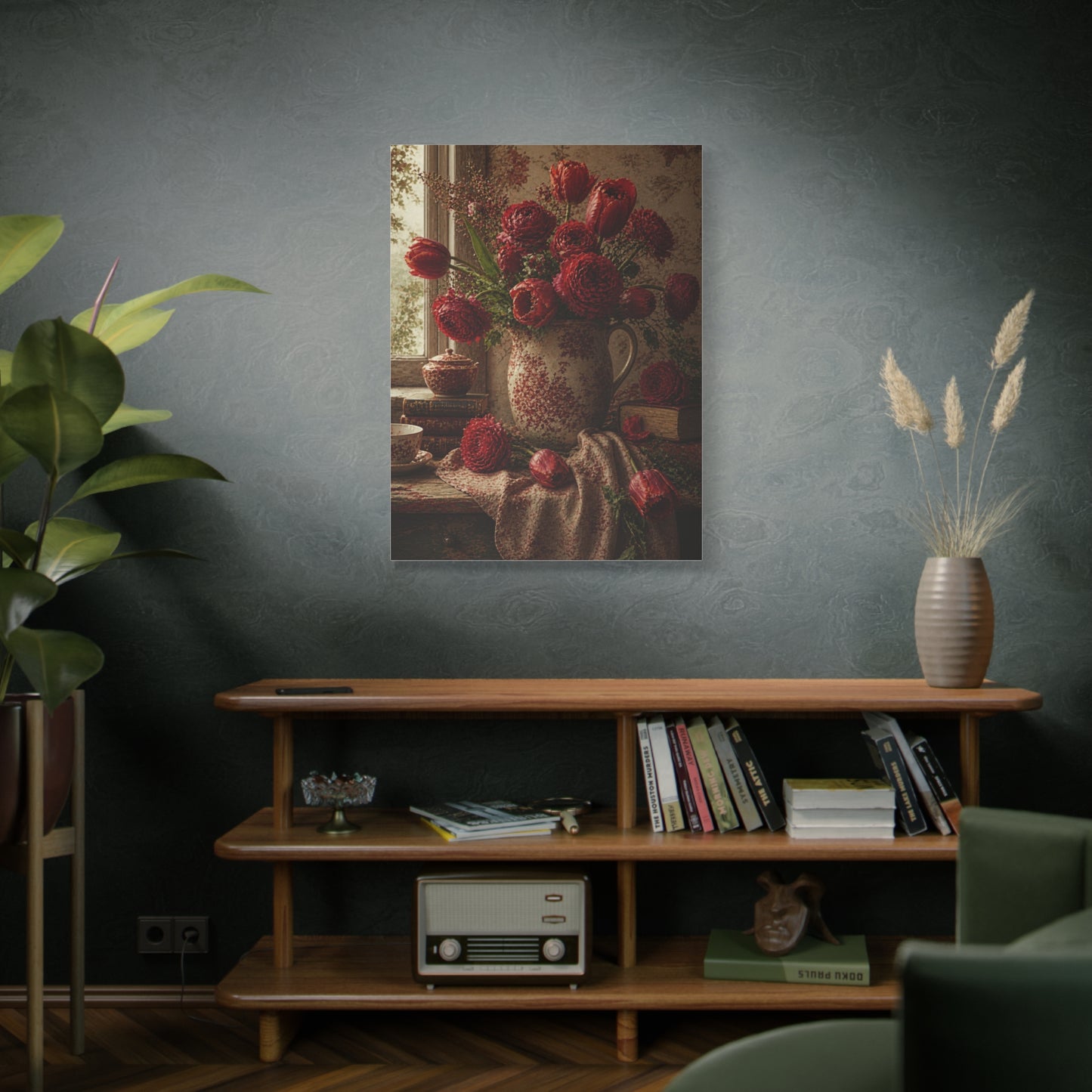 English Cottage Red Floral Still Life Wall Art & Canvas Print