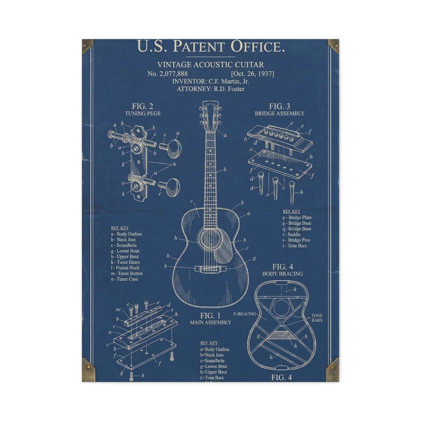 Vintage Acoustic Guitar Patent Blueprint Wall Art & Canvas Print
