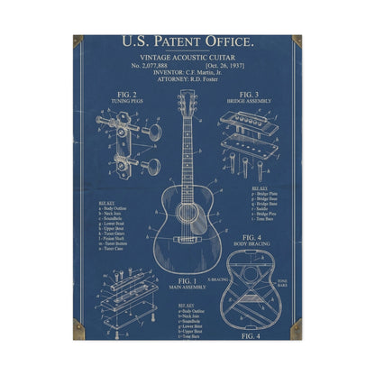 Vintage Acoustic Guitar Patent Blueprint Wall Art & Canvas Print