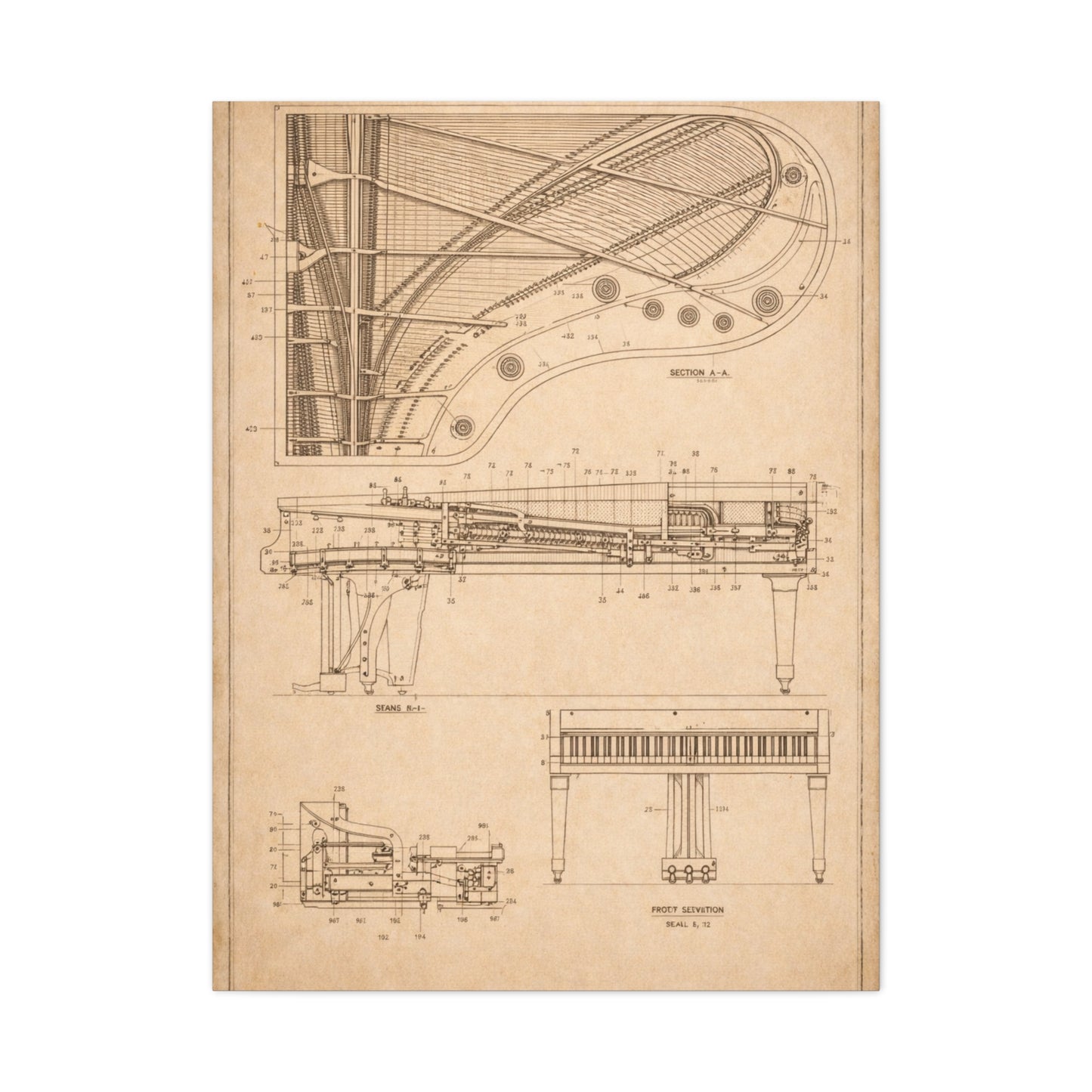Grand Piano Blueprint Study Wall Art & Canvas Print
