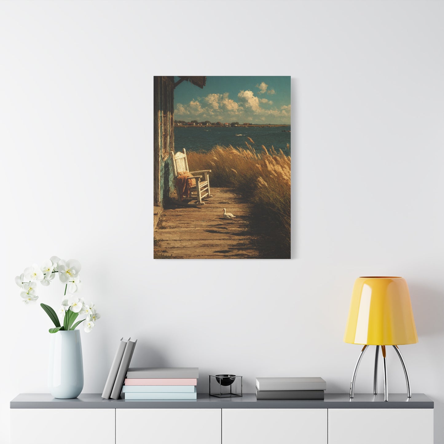 Farmhouse Lakeside Porch Scene Wall Art & Canvas Print