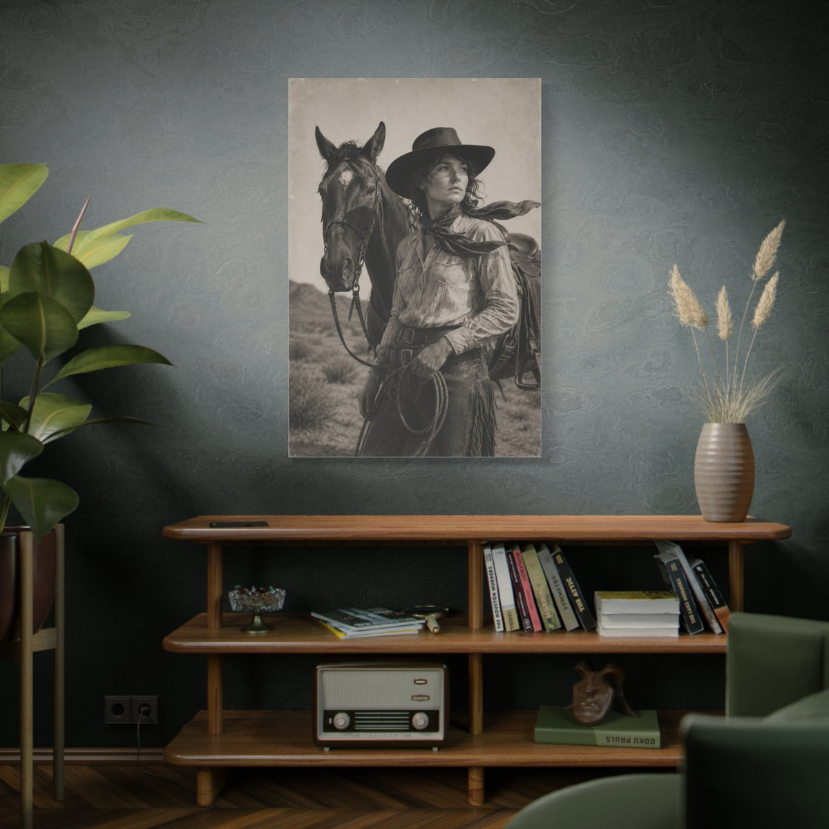 Black & White Cowgirl Portrait with Horse Wall Art & Canvas Print