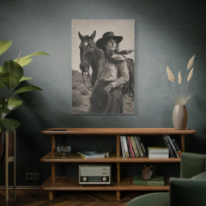 Black & White Cowgirl Portrait with Horse Wall Art & Canvas Print