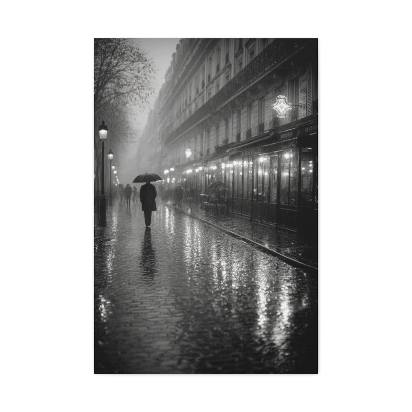 Rainy Paris Street Monochrome Wall Art & Canvas Print