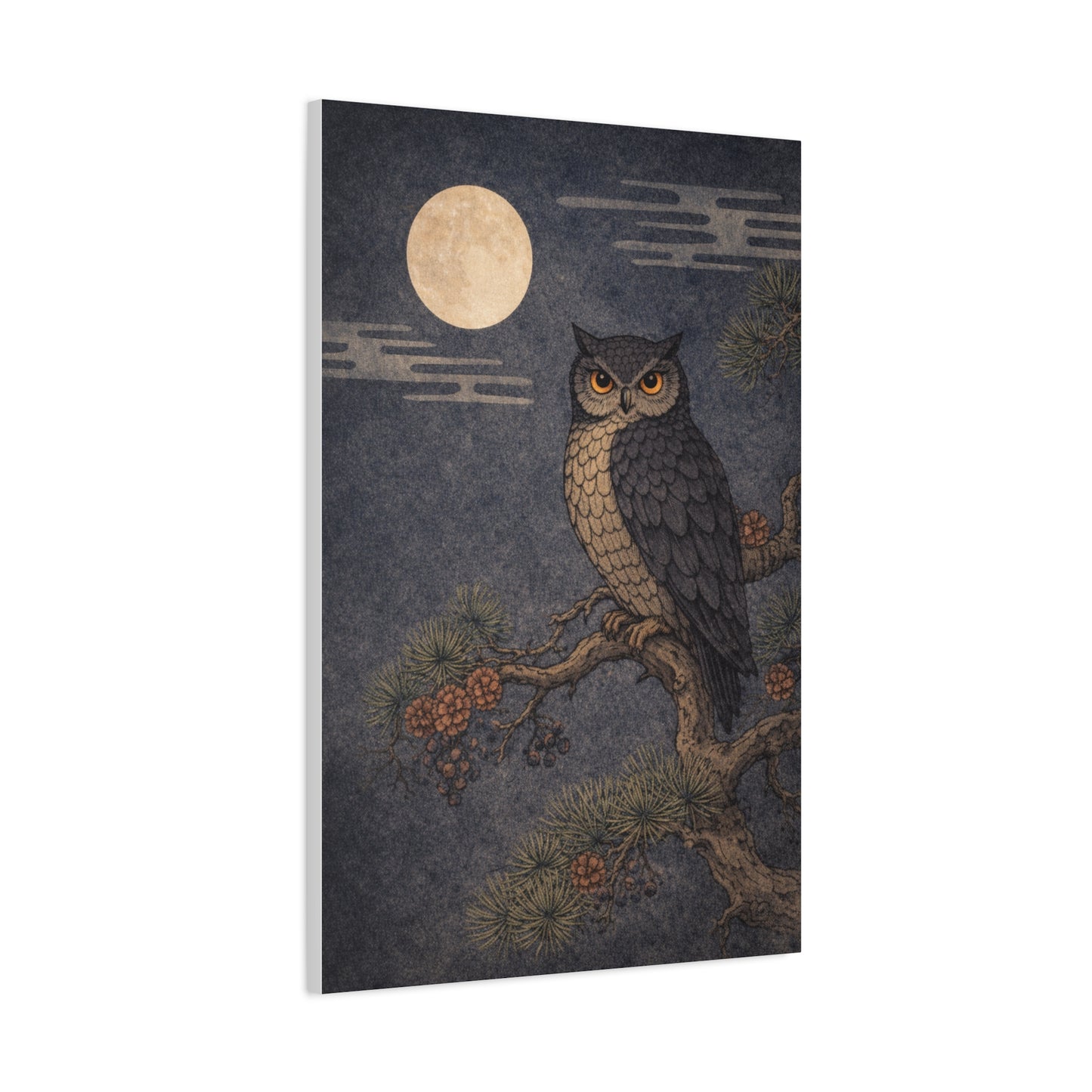 Nocturnal Pine Branch Owl Illustration Wall Art & Canvas Print